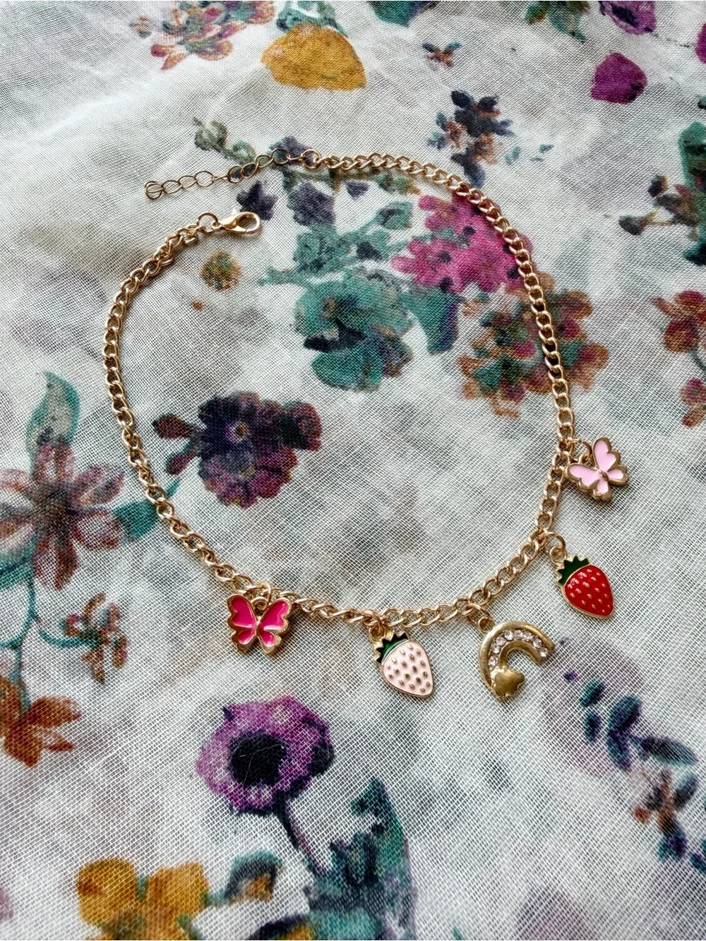 Butterfly Strawberry Rainbow Charm Gold Tone Necklace Kawaii Cottagecore